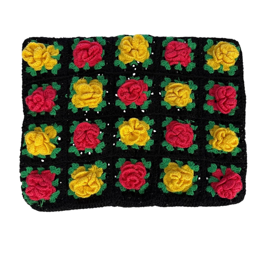 Crochet Pillow Cover‎ Throw Cushion Black Granny Square Roses Handmade